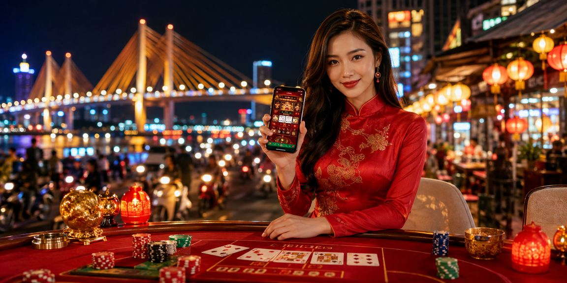 Người chơi tại Cần Thơ mặc áo dài tham gia bàn baccarat trực tuyến với giao diện an toàn và mã hóa SSL